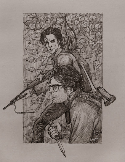 Pencil drawing of Richie Tozier and Eddie Kaspbrak equipped with weapons to fight zombies. In the background, Eddie is holding a rifle and toting a bow and arrows on his back. In the foreground, Richie is armed with a knife, with a baseball bat and axe poking out of his backpack.