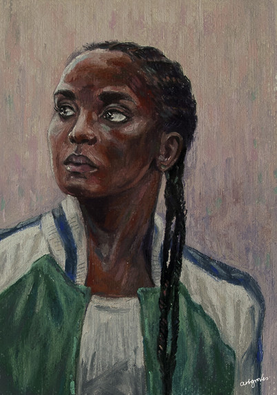 Soft pastel painting of Nile Freeman from The Old Guard. The painting is based on a still from the movie, where Nile is looking out into the distance.