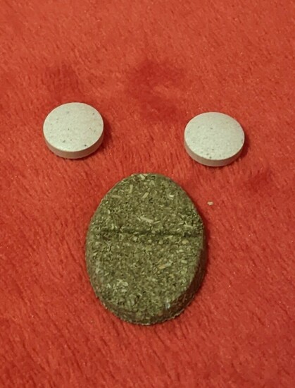 Three supplement pills/treats for rabbits, arranged to look like a bird face. Two round pills above a larger, oval biscuit that has a groove along the middle, incase it needs splitting in half, all sitting on a red blanket.