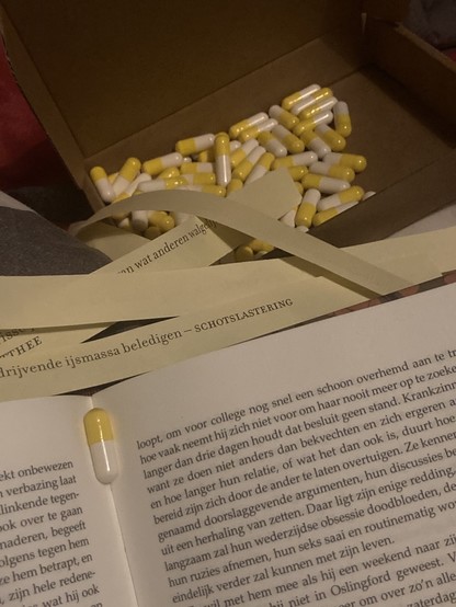 Strookjes papier met woordgrappen die klaar liggen naast een leesboek om opgerold te worden om in een capsule te passen als ‘lachpil’.