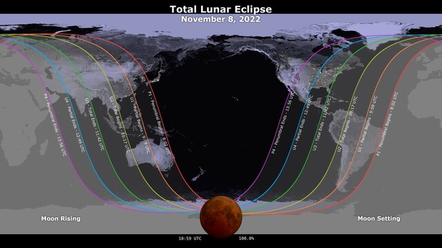 NASA world map of November 8 penumbra times for lunar eclipse.