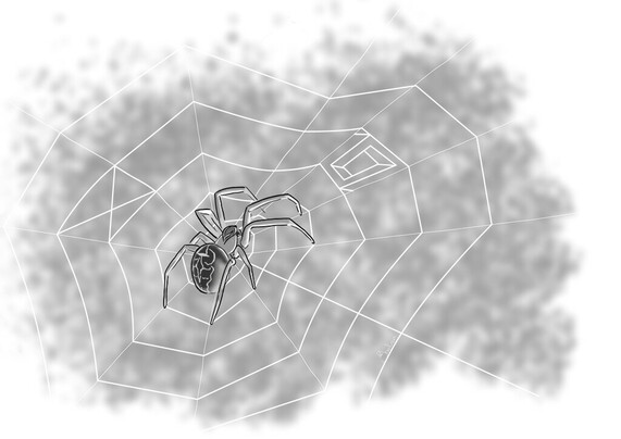 Digitale pentekening van een spin in haar creatief gewoven web