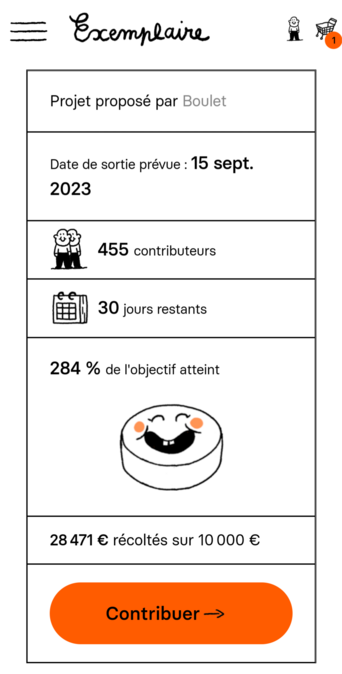 Page de financement participatif des éditions Examplaire montrant 284% de l'objectif atteint.