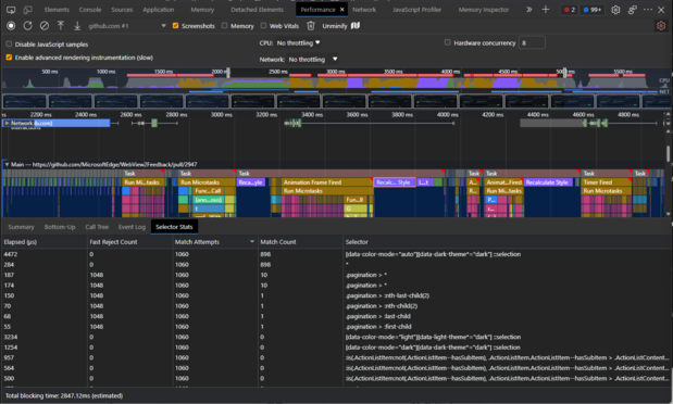A screenshot of Edge DevTools performance tool. A "Recalculate style" block is selected and there's a table below showing which selectors ran, how long they took to run, how many elements could've matched the selector, and how many actually did.