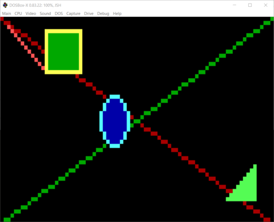 a dosbox window filled with a scene composed of colored whitespaces in text mode.
there are a red and a green line crossing the screen centered.
on the top left is a green rectangle with yellow borders.
on the lower right is a light green triangle
near the center is a dark blue ellipse with light blue borders.