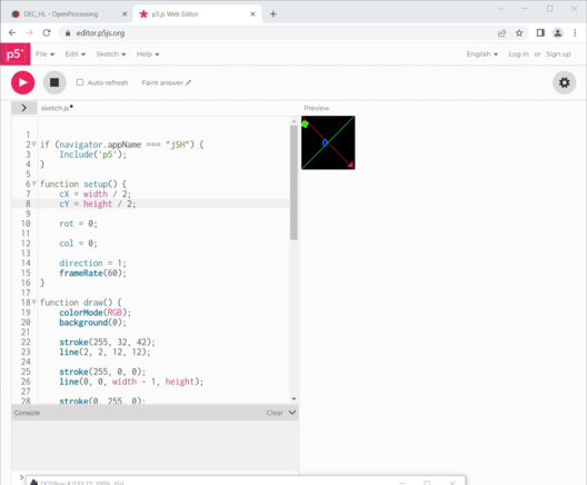 screenshot of a chrome window with the p5js editor webpage.
the code editor contains the aforementioned code, the canvas the aforementioned scene