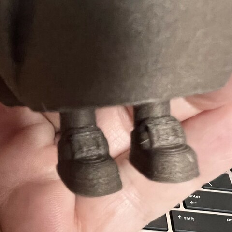 Close-up of legs of a 3-D printed turkey wearing shoes