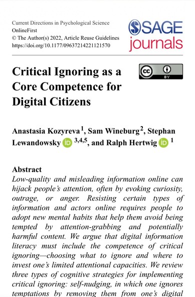 A copy of a page of the linked journal article, entitled "Critical Ignoring as a Core Competence for Digital Citizens"
