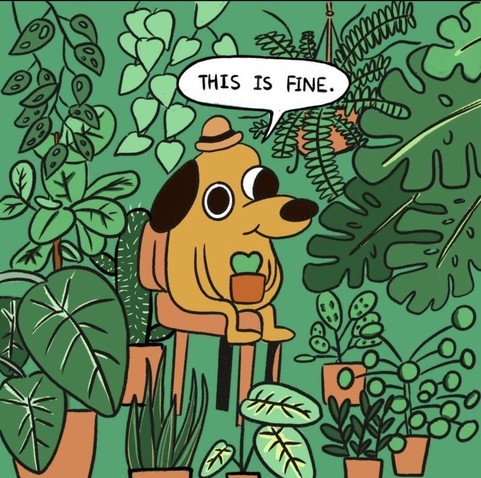 The dog from the everything on fire meme saying “This is fine” except now surrounded by green potted plants.