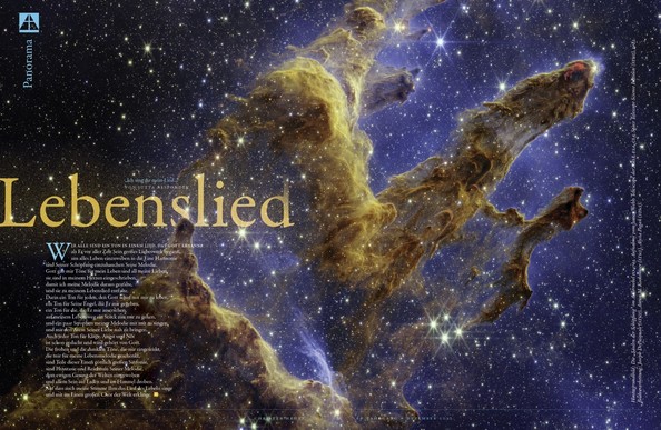Page spread design, Christen heute Dec 2022, featuring Pillars of Creation from the Webb Telescope