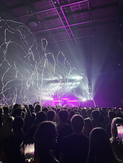 A crowd with confetti raining down and white and pink lights