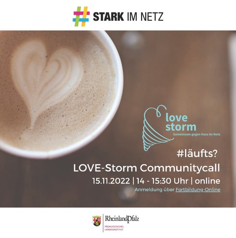 Infos zur Veranstaltung Communitycall wie Tweet, Bildhintergrund ein Kaffeebecher mit Herz von oben