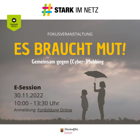 Infos aus dem Tweet zur Fokusveranstaltung Es braucht Mut, Bildhintergrund mit zwei Kindern auf einem Feld mit grauen Wolken, das Größere hält einen Regenschirm über das Kleine