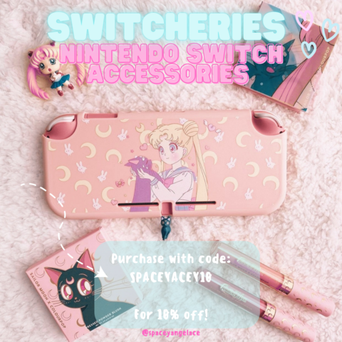 A photo of Sailor Moon themed items, the main focus is the Sailor Moon Switch case.
At the top of the picture reads: Switcheries, Nintendo Switch Accessories
At the bottom reads: Purchase with code "SPACEYACEY10" for ten percent off.