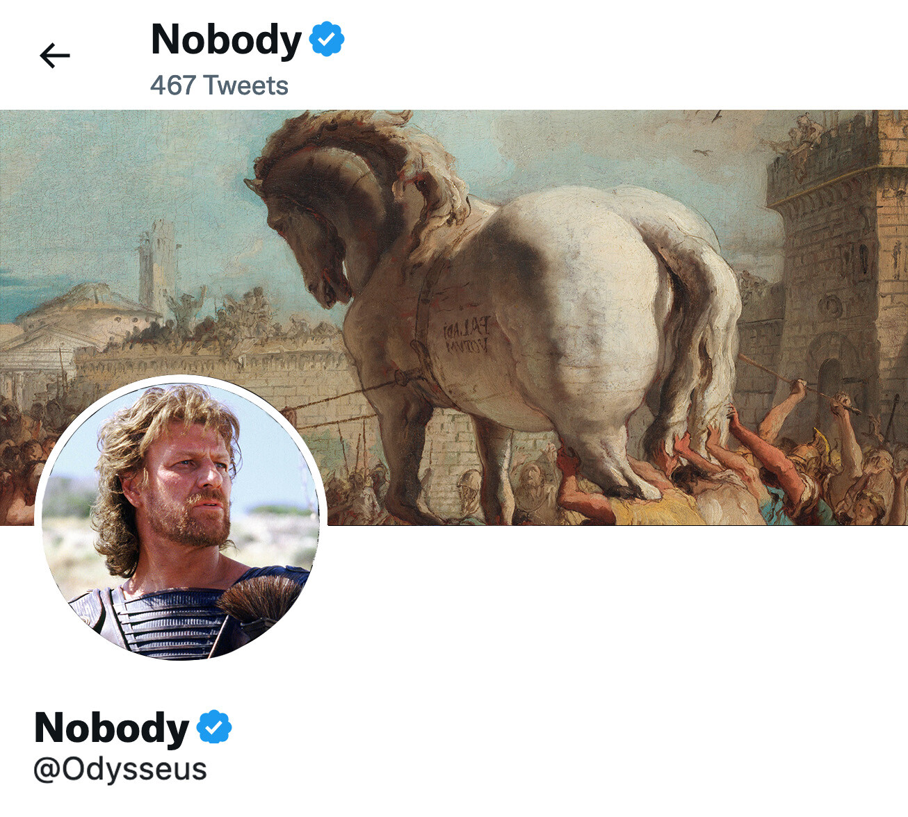 Odysseus's Twitter profile with the verified name as "Nobody" with a picture of Sean Bean as Odysseus and a painting of the Trojan Horse as the header image.