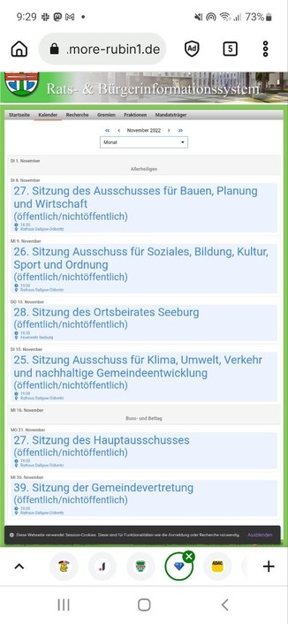 Screenshot vom Sitzungskalender vom 07.11.