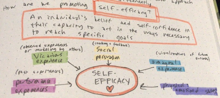Notes from Dr. Delgado’s talk: how are we promoting self-efficacy? It’s an individual’s belief and self-confidence in their capacity to act in the ways necessary to reach specific goals. Self-efficacy has several components: performance expectations (past experiences); vicarious experiences (observed experiences or modeling by others); social persuasion (coaching and feedback); imaginable experience (visualizations of future success); and physical and emotional states