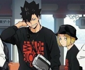 Official art for Kuroo Tetsurou and Kozume Kenma from Haikyuu, wearing the "We are blood" clothing line