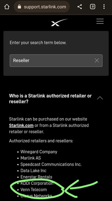 Starlink support page showing a list of authorised resellers with ven. Telecom circled by me.