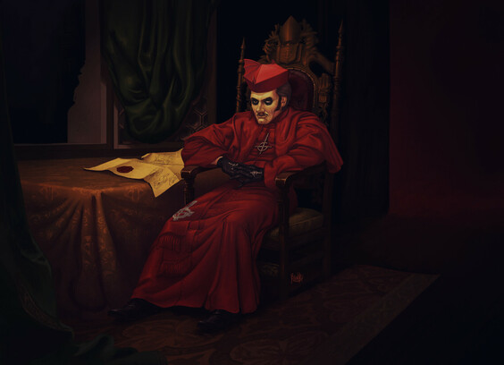 It's a landscape illustration with a central figure in a dark setting.
It's Cardinal Copia wearing his red robe, seated in a heavy carved wooden seat. His legs slightly stretched out in front of him, his elbows resting on the armrests, the fingers of his hands crossed, he seems to be immersed in his thoughts.
A disillusioned expression on his face.
To his right is a table covered with a heavy embroidered tablecloth, on which is a parchment with three signatures: Imperator, Emeritus and Copia.
The parchment is covered with illegible writing, which can be assumed to be the terms of the agreement between these three people.
A window open to the night on the left, a green velvet curtain hanging over the casement. Behind Copia the darkness apart from a red glow.
On the floor a heavy patterned carpet.