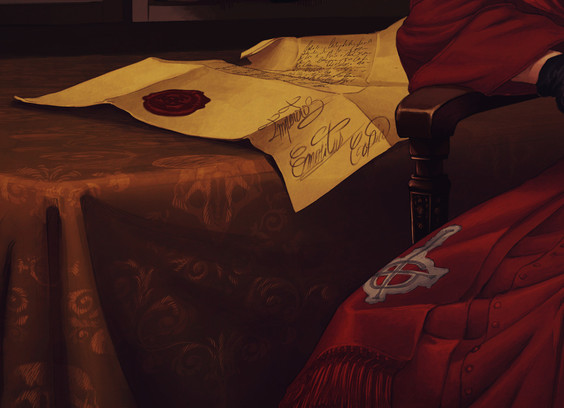 close up on the parchment. There is a wax seal marked with a grucifix.