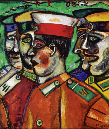 Marc Chagall's painting entitled Soldiers from 1912. Five soldiers in different colored uniforms, one with cigarette, one with poor teeth.