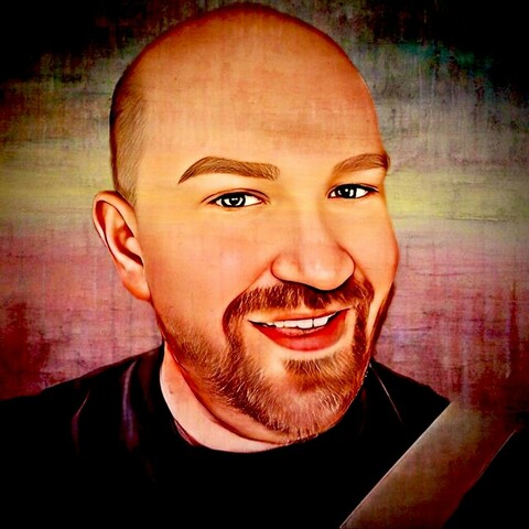 Picture of MDMRN's face that has been photoshopped to be softened. White man with redish beard and mostly bald. Dark colored t-shirt and mutli-colored background. Photoshop created by Riot Girl Erin.