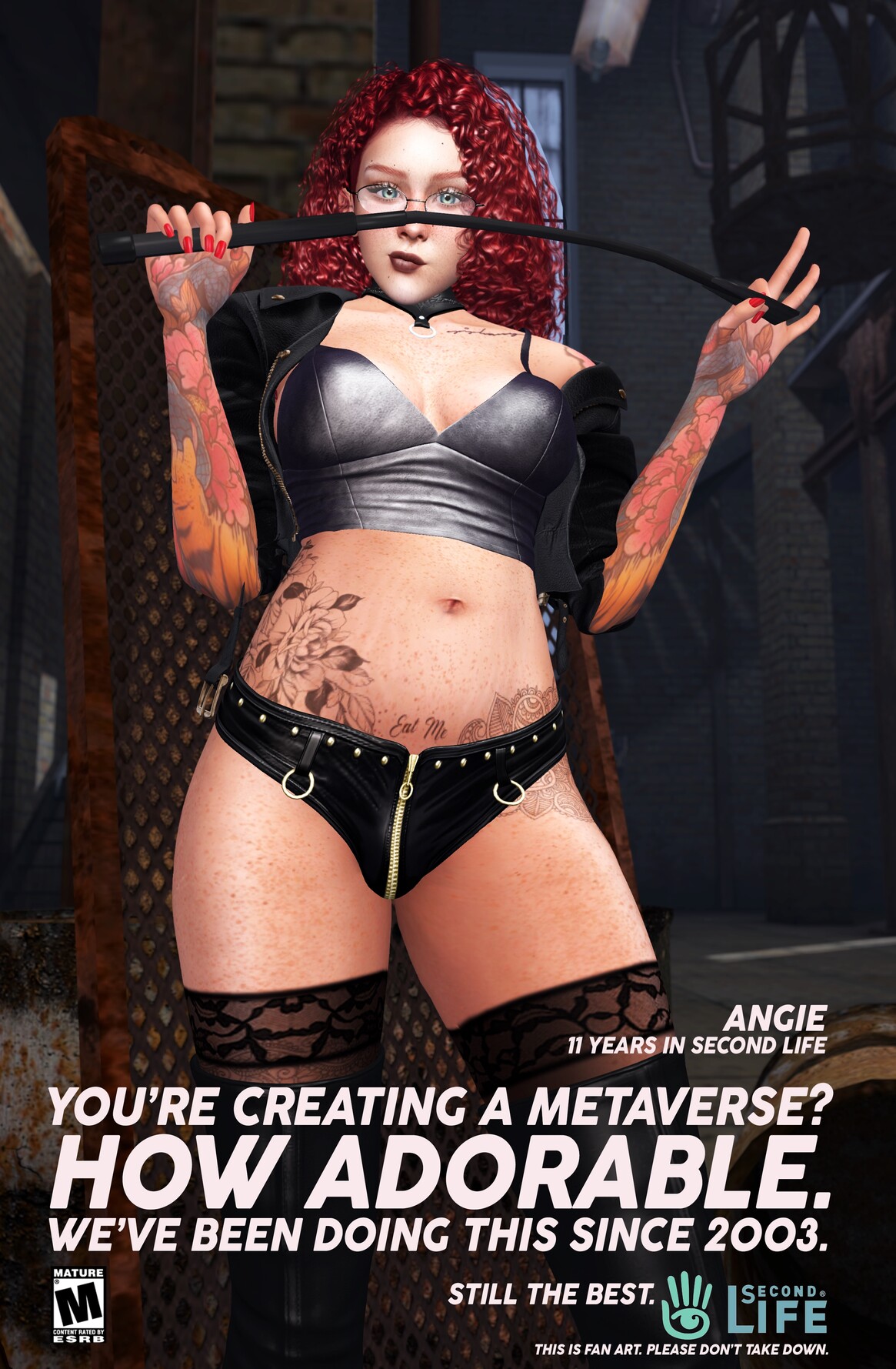Female avatar wearing black leather bends a lash and says: You’re creating a metaverse? That’s adorable. We’ve been doing this since 2003.