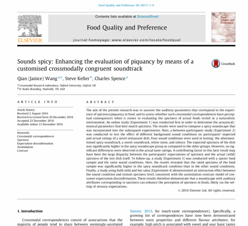 Screen shot of the first page of the article, "Sounds Spicy: Enhancing the evaluation of piquancy by means of a customised crossmodally congruent soundtrack." The article appears in the Journal of Food Quality and Preference.