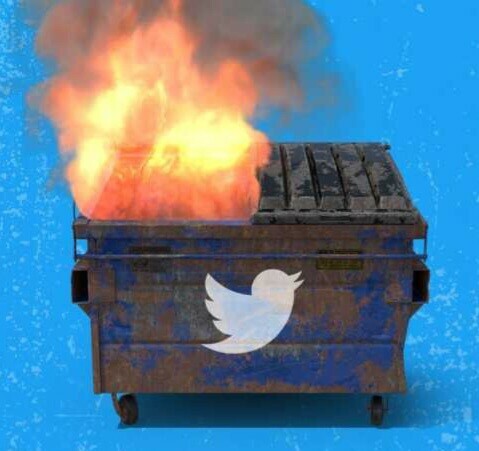 A dumpster with the Twitter logo painted on the front; the contents of the dumpster are on fire and flames are spewing out from the top left side where the lid is open.