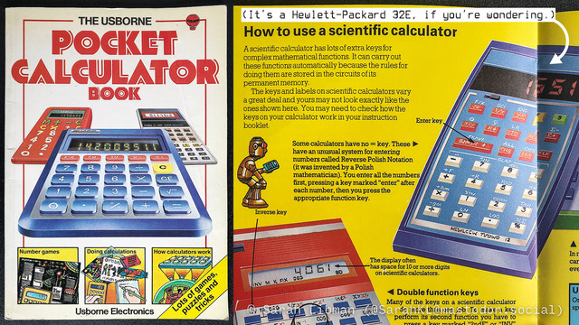 A page of a children's guide to calculators, showing a sketch of an HP-32E calculator and explaining how it uses RPN.