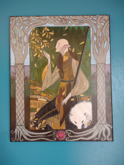 A painting, acrylic on canvas, of the Solas romance tarot card, from Dragon Age: Inquisition, stylized to resemble stained glass. 