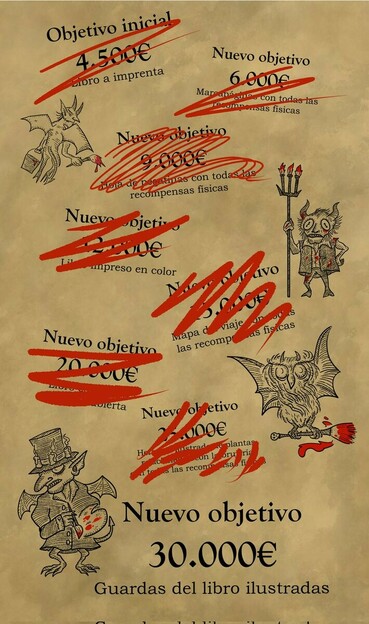 Imagen con fondo de pergamino y muchos textos en negro tachados con tinta roja, rodeados de diablillos dibujados a línea negra con pinceles empapados de rojo. El último texto, en la base, dice "Nuevo objetivo 30.000€, guardas del libro ilustradas".