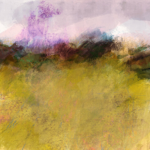 Digital landscape painting done in an expressionistic style, with large gestural brushstrokes. The foreground is chartreuse and gold and the sky is purple and blue, and on the horizon are dark brown and blue shapes suggesting forest and shrub.