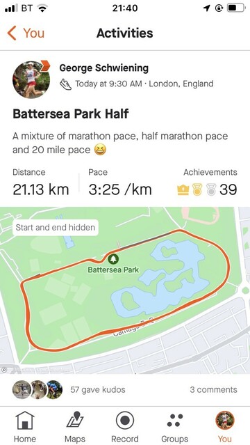 A screenshot of a strava run activity showing a map of battersea park with a red line following the perimeter path of the park. The distance of the run is displayed as 21.13km and the average pace of 3:25 /km.