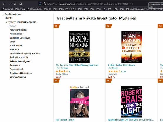 The Peculiar Case of the Missing Mondrian now Candadian number one in Amazon Private Investigators 