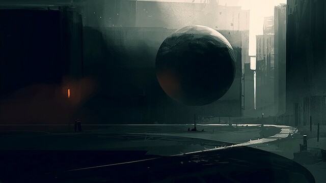 Concept art, dark futuristic cityscape. 