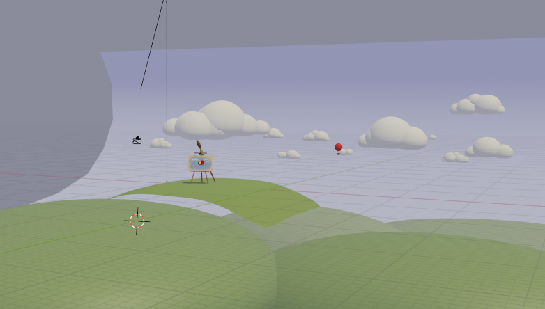 Another look at the scene giving a clearer picture of how forced perspective is used for the clouds and hills, and how a curved plane is used to control the sky gradient