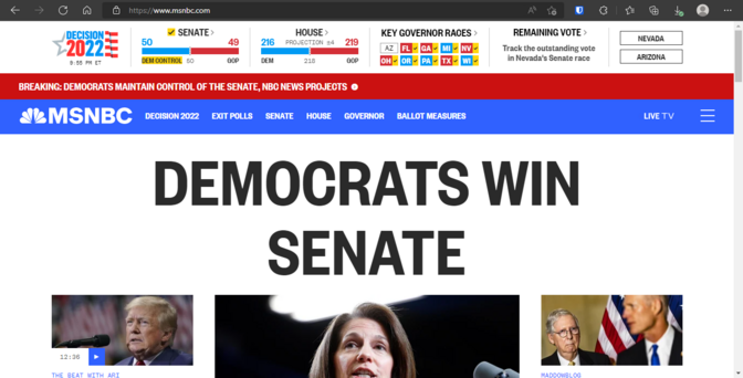 Screenshot of MSNBC.com with large text stating "Democrats win senate"