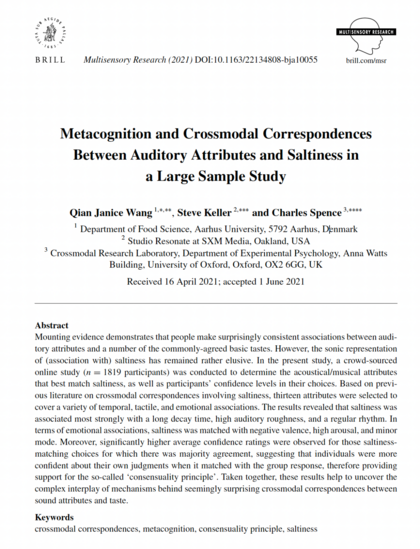 Screen shot of the first page of a research journal article entitled Metacognition and Crossmodal Correspondences Between Auditory Attributes and Saltiness in a Large Sample Study
