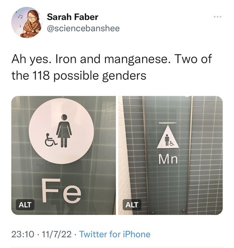 Screenshot of a tweet by Sarah Faber 
@sciencebanshee
Ah yes. Iron and manganese. Two of the 118 possible genders. (The screenshot also includes two images of bathroom doors, one with a feminine appearing figure and a small handicap sign with the letters “Fe” below. The second photo shows a man with a small handicap sign next to it and the letters “Mn” appearing below).