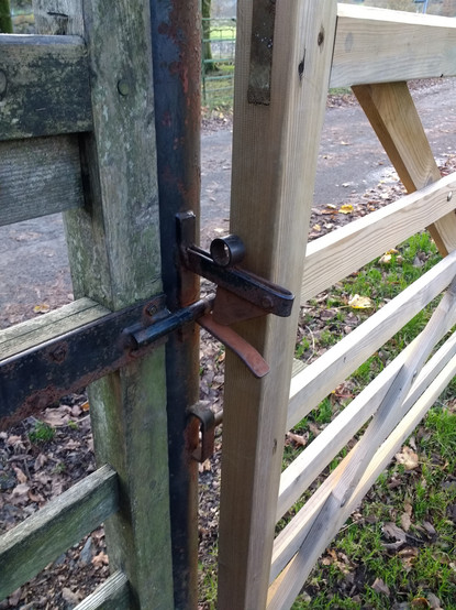 A sneck on a 6-bar wooden farm gate. It’s home-made out of some chunky metal. In the background is a country lane with a lot fallen leaves.