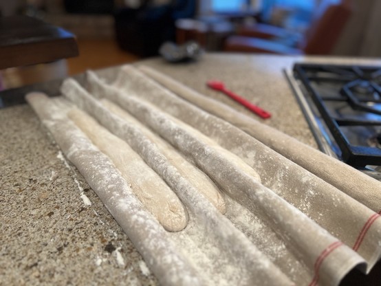 3 baguettes proofing in a baker’s couche on a counter. 