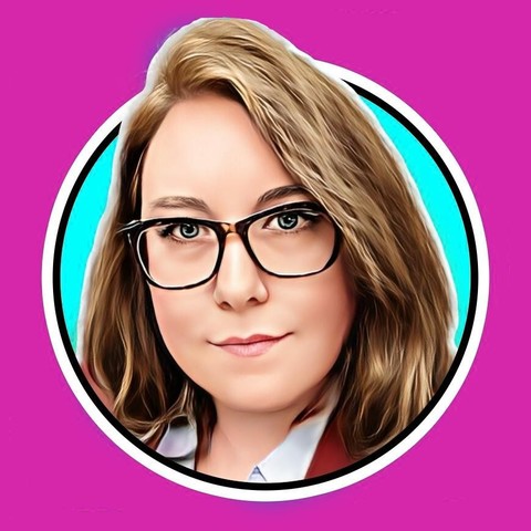 Photo of Mx. Kara McCartney edited in the profile picture app wearing a collared suit jacket and tortoiseshell glasses.