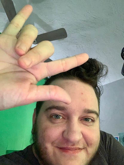 GenderMeowster, a trans masc nonbinary white person with a beard, smiles at the camera and signs "I love you" with their right hand. A green screen appears behind them, attached to their chair.