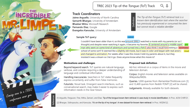 An academic poster on TREC 2023  Tip-of-the-Tongue (ToT) Track that states: "The Tip-of-the-Tongue (ToT) retrieval task is a known-item identification task where the searcher has previously experienced or consumed the item but cannot recall a reliable identifier".