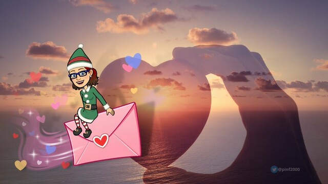 Sonnenuntergang im Hintergrund. Davor durchsichtig eine Hand die ein Herz hält. Davor ein Weihnachtswichtel der auf deinem Brief durch die Gegend fliegt und Herzchen versprüht.