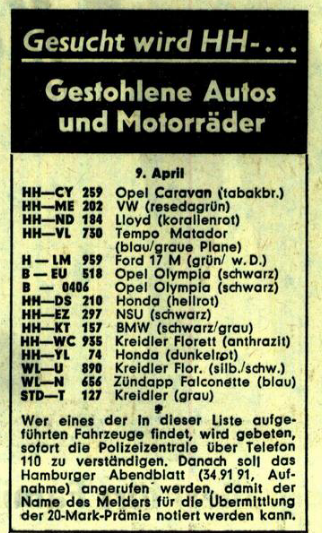 Liste Gestohlener Autos und Motorräder 9.4.1964