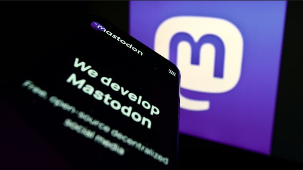 A mobile screen with Mastodon logo on top and white text "We Develop Mastodon".
In other screen, bigger, with logo of Mastodon in violet background.