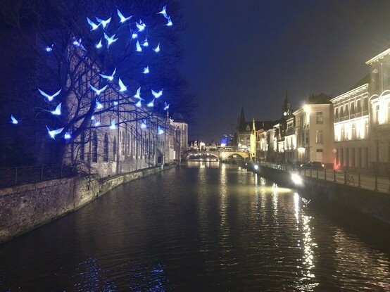 Birds art installation near the water at Ajuinlei in Ghent